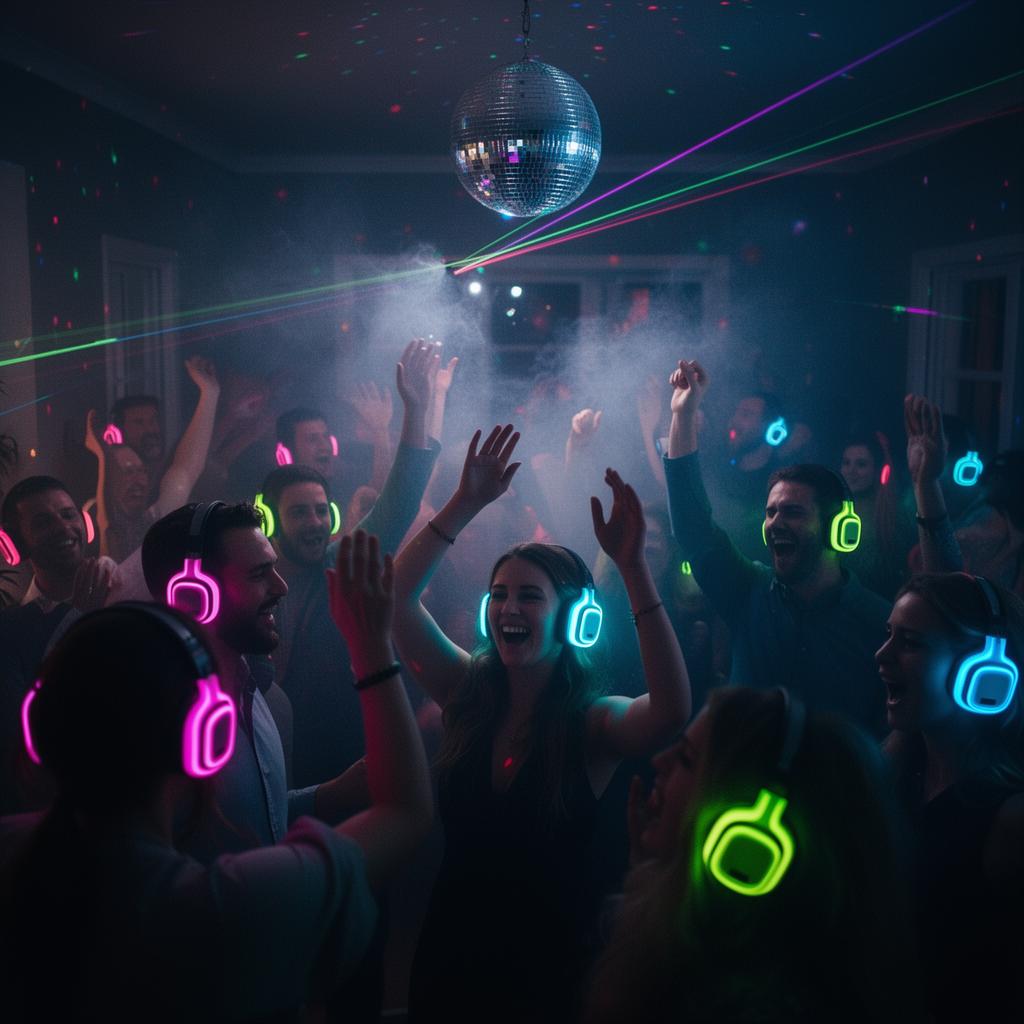 Crowd dancing at a silent disco with glowing LED headphones, lasers and disco ball
