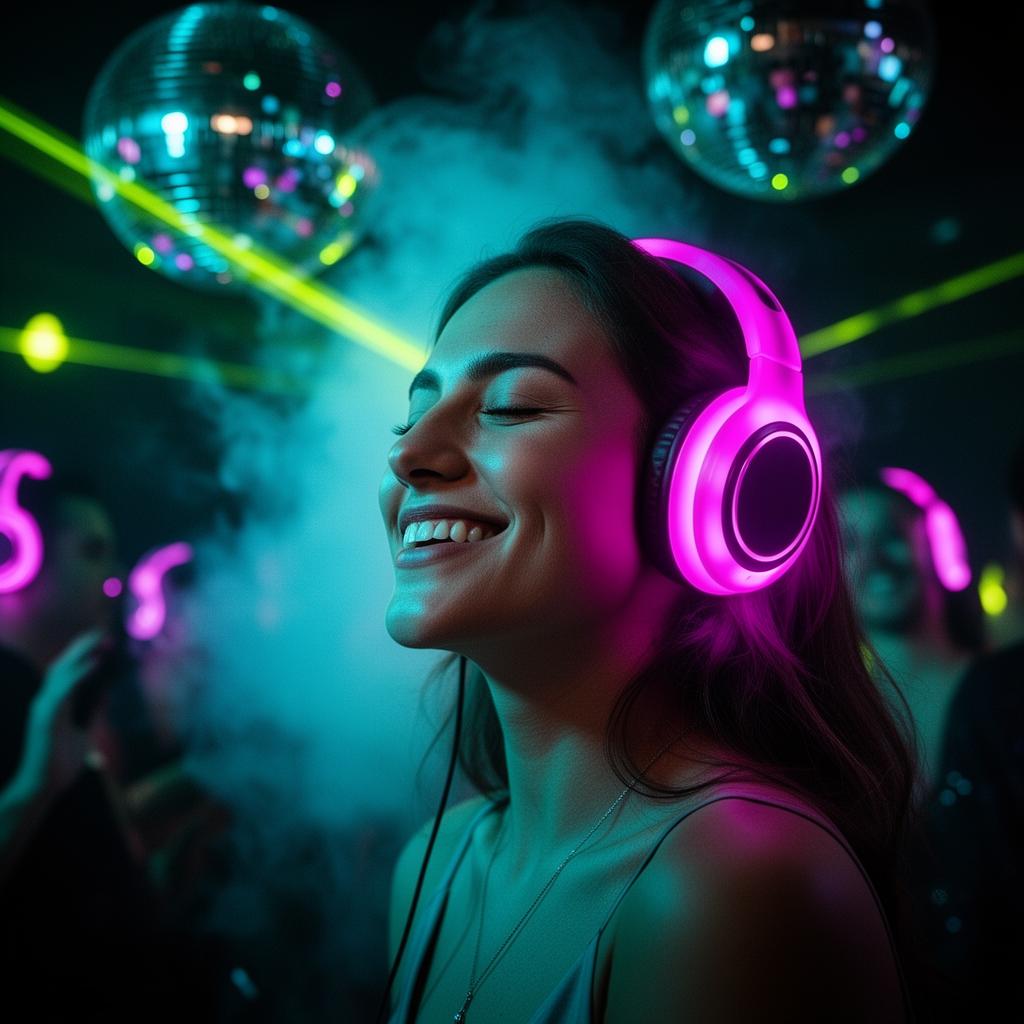 Close-up of a smiling dancer wearing glowing magenta silent disco headphones